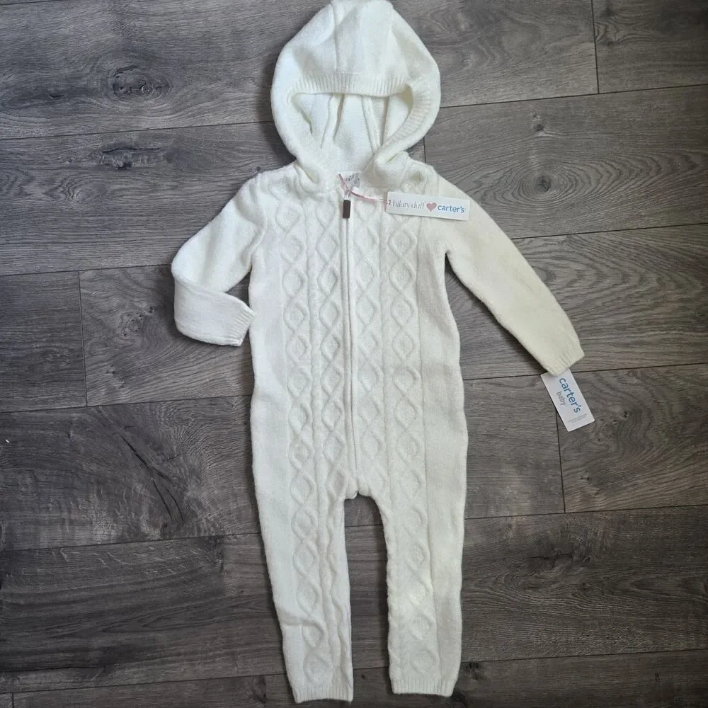 ​Carters Hilary Duff 24M Ivory Cable Knit Hooded Romper Jumpsuit One Piece NWT